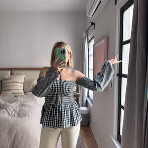 Vetiver checkered off the shoulder smocked top